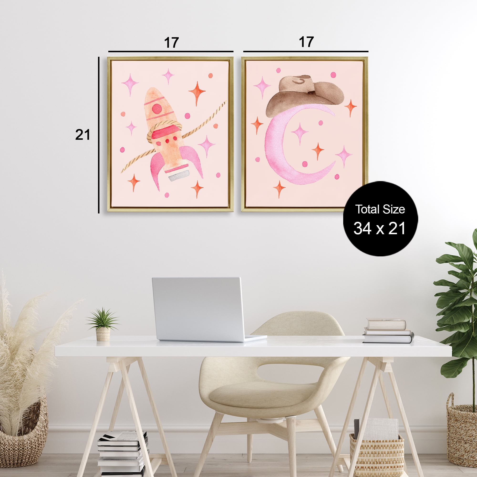 Space Cowgirl Rocket Ship 2 Piece Gold Framed Floater Canvas Set, design by Nina Jacobs