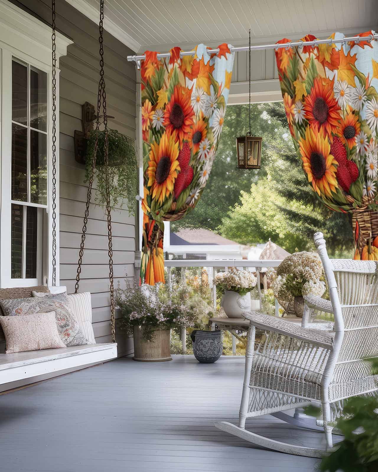 Outdoor Curtains for Patio, Orange Pumpkins Fall Waterproof Blackout Outside Curtain for Porch/Pergola/Gazebo, Watercolor Sunflower Botanical Thermal Insulated Drapes, 2 Panels, 54 x 84 Inch