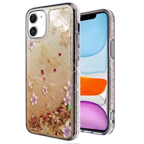 For Apple iPhone 13 Pro (6.1") Quicksand Fashion Design Liquid Glitter Bling Hybrid Floating Sparkle TPU Cover ,Xpm Phone Case [ Gold Butterfly Floral ]