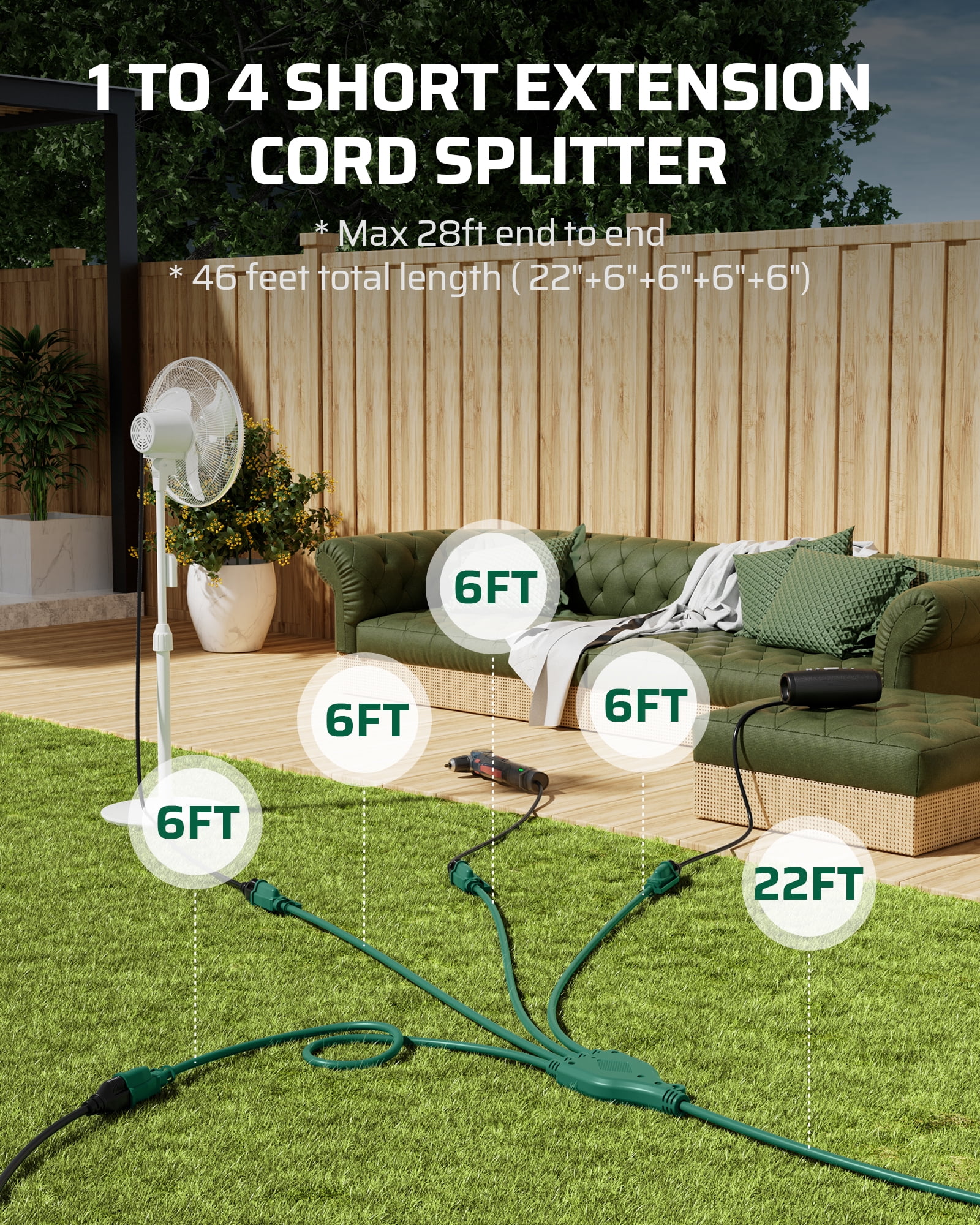 DEWENWILS 46 FT (22'+6'+6'+6'+6') Outdoor Extension Cord for Christmas Lights with 4 Outlets