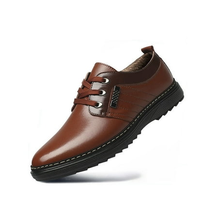 

Eloshman Mens Breathable Winter Warm Dress Shoes Party Anti-Slip Leather Oxford Shoe Comfort Low Top Brown Plush Lining 7.5