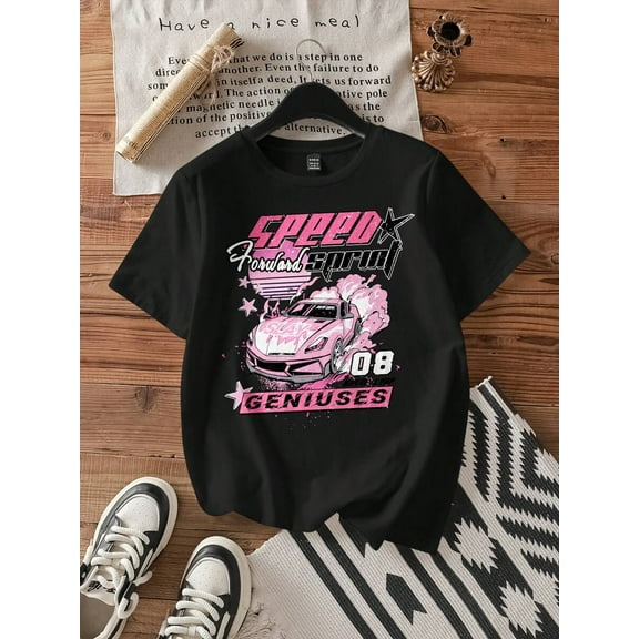 Casual Loose Vintage Car Graphic Round Neck Short Sleeve Women T-Shirt, Suitable For Summer