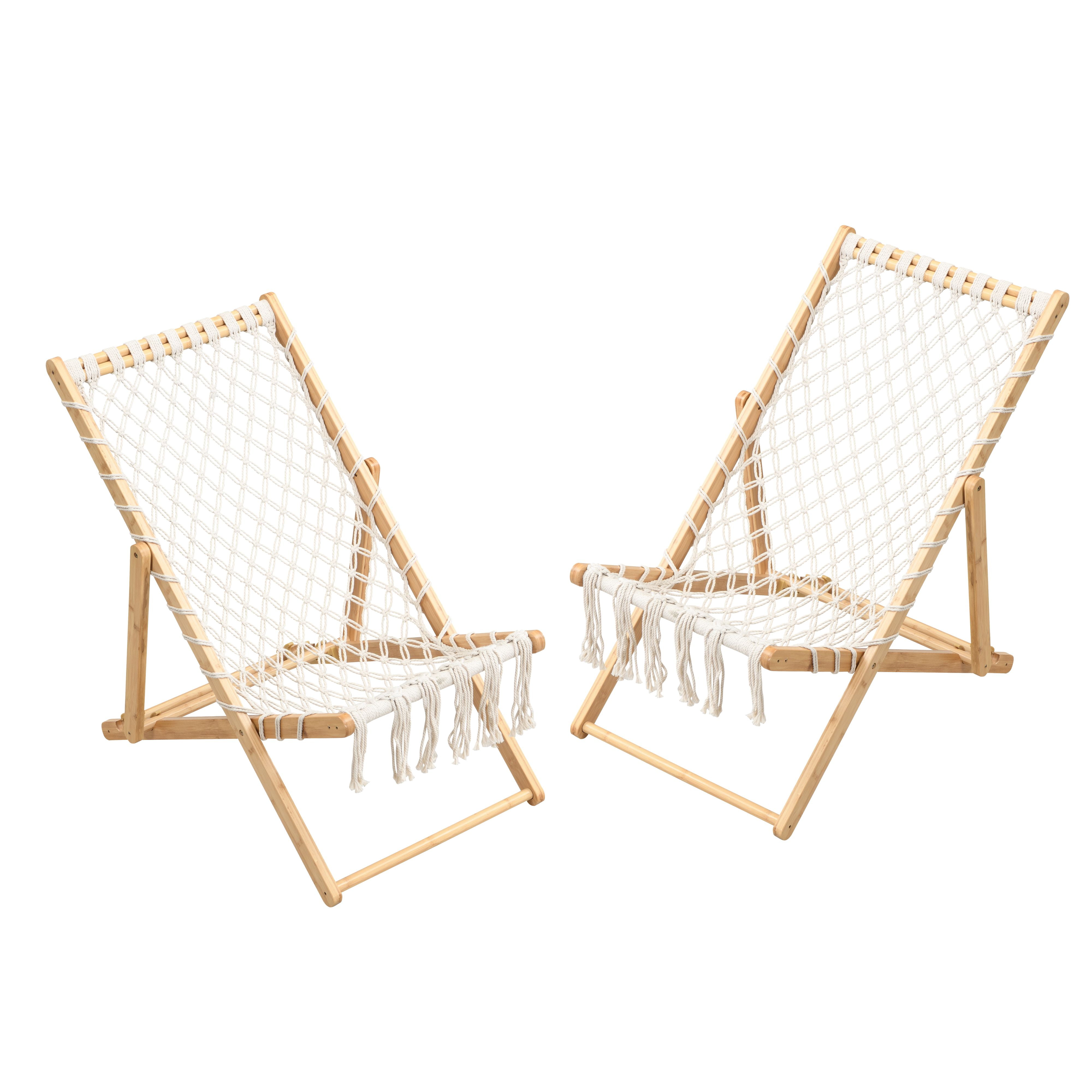 Set of 2 Adjustable Weaving Lounge Chairs, Hand‑Braided Polyester Rope Patio Chairs with Bamboo Frame, 3‑Position Reclining Outdoor Chairs for Garden Balcony Living Room Poolside