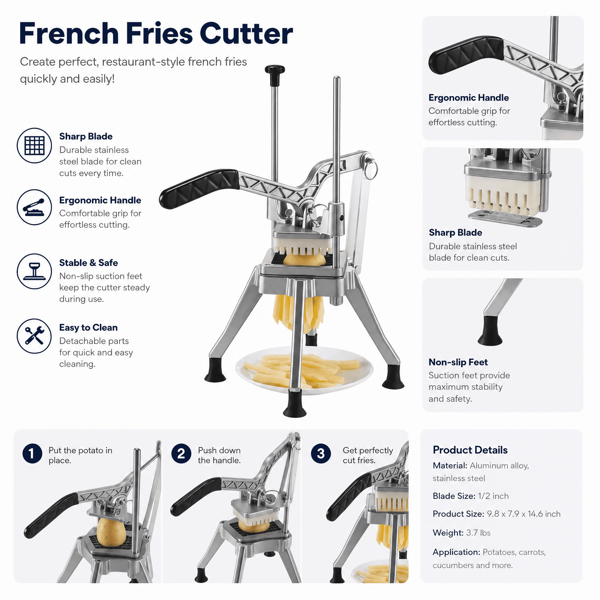 Commercial French Fry Cutter with 1/2" Blade, Lever-Action Vegetable Dicer, Stainless Steel, Four-Corner Stable Support for Kitchen Restaurant