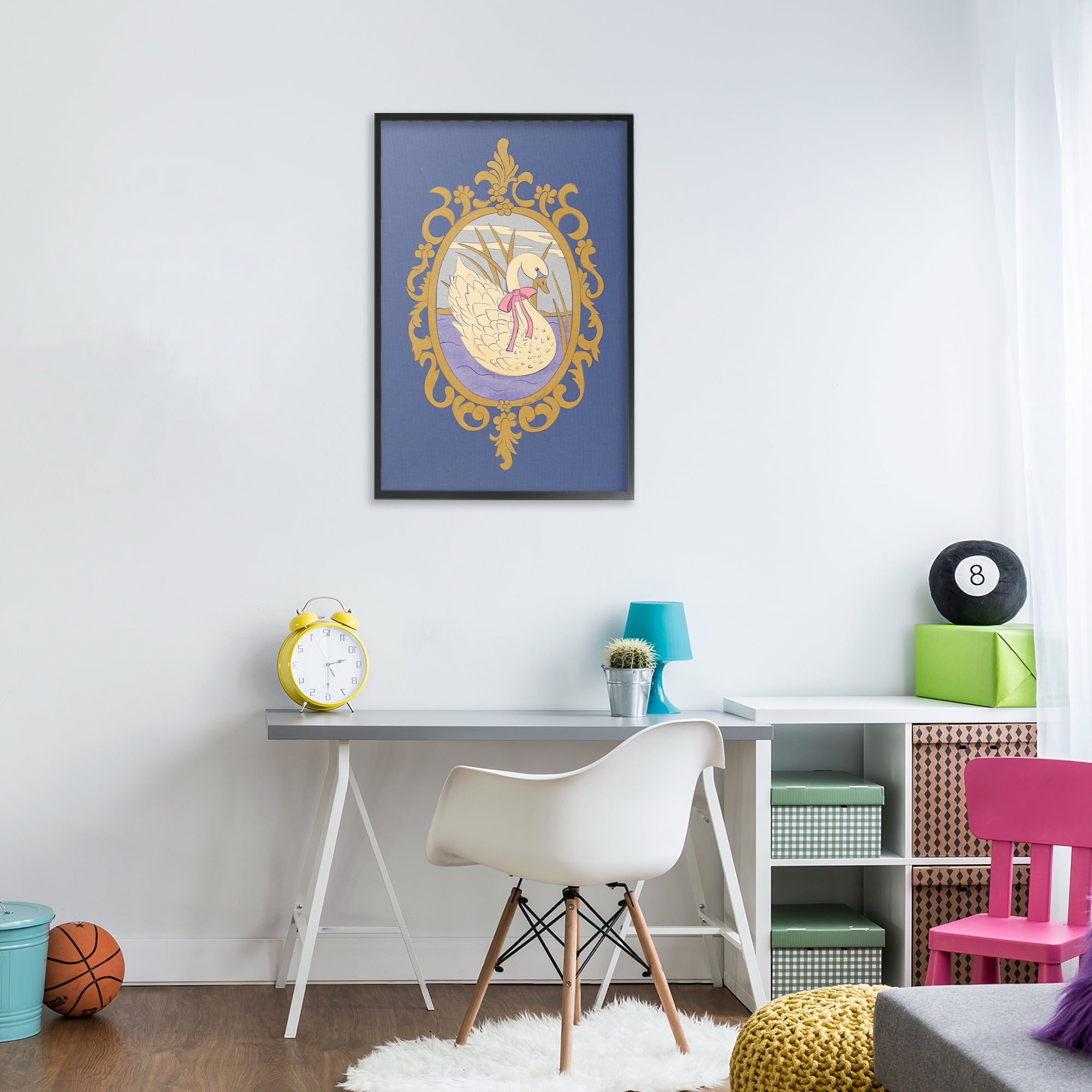 Stupell Industries Swan and Ornate Pattern Black Framed Giclee Art, design by Carrie Cantwell