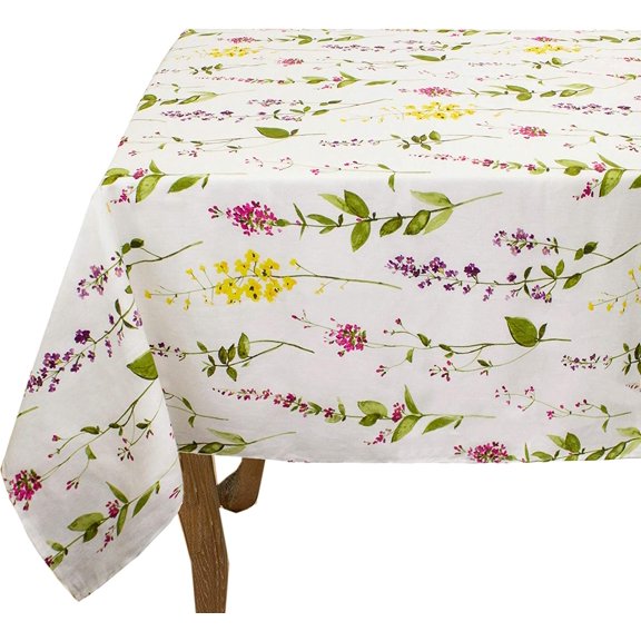 Fennco Style Botanical Garden Collection Watercolor Floral Stem Pure Linen 60 x 60 Inch Table Cloth - Floral Table Topper for Wedding, Picnic, Tea Party and Table Décor