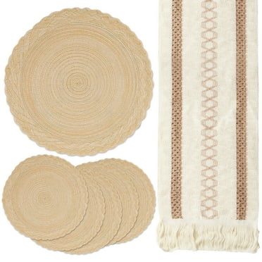 Boho Placemats Set of 6, 15" Round Place Mats with 66" Table Runner, Woven Table Mats Cotton Placemat Boho Kitchen Tabletop Home Decor