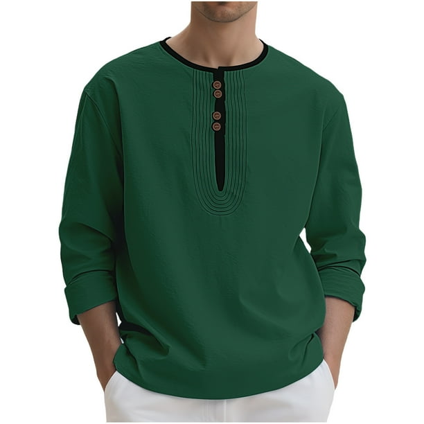 pstuiky camisetas de manga larga para hombre, Camisa informal de lino de manga larga para hombre, transpirable, con botones sueltos, cuello redondo, color sólido top de hombre s