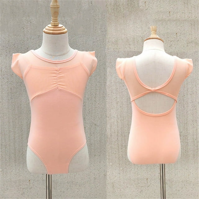Children's Solid Color Short Sleeved Round Neck Dance Suit Mesh Practice Suit Girls' Jumpsuit