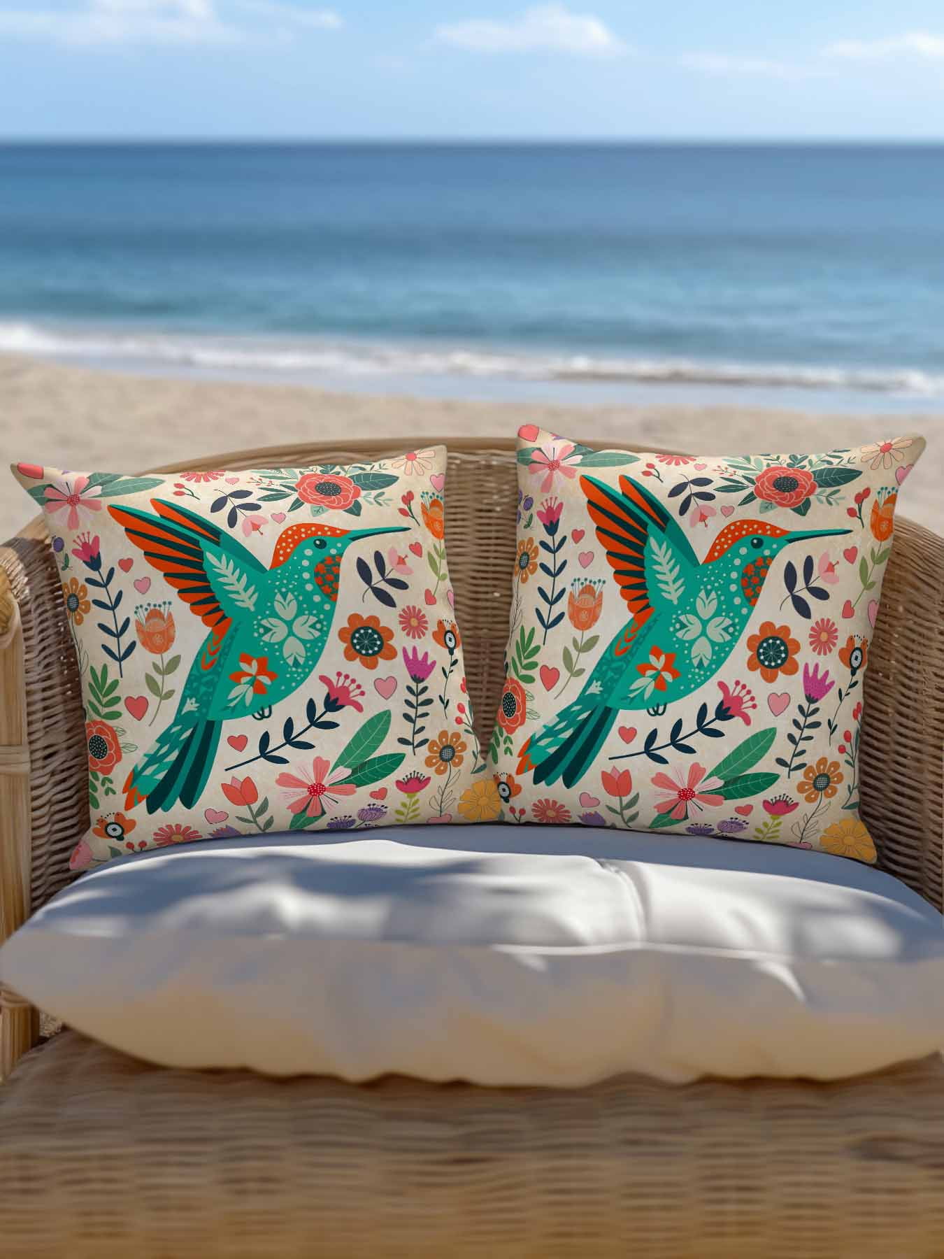 1 Pack Outdoor Pillows Waterproof, Turquoise Birds Indoor/Outdoor Throw Pillows with Inserts, Retro Farmhouse Colorful Flowers Herbs Decorative Pillow for Patio Furniture Chairs Couch