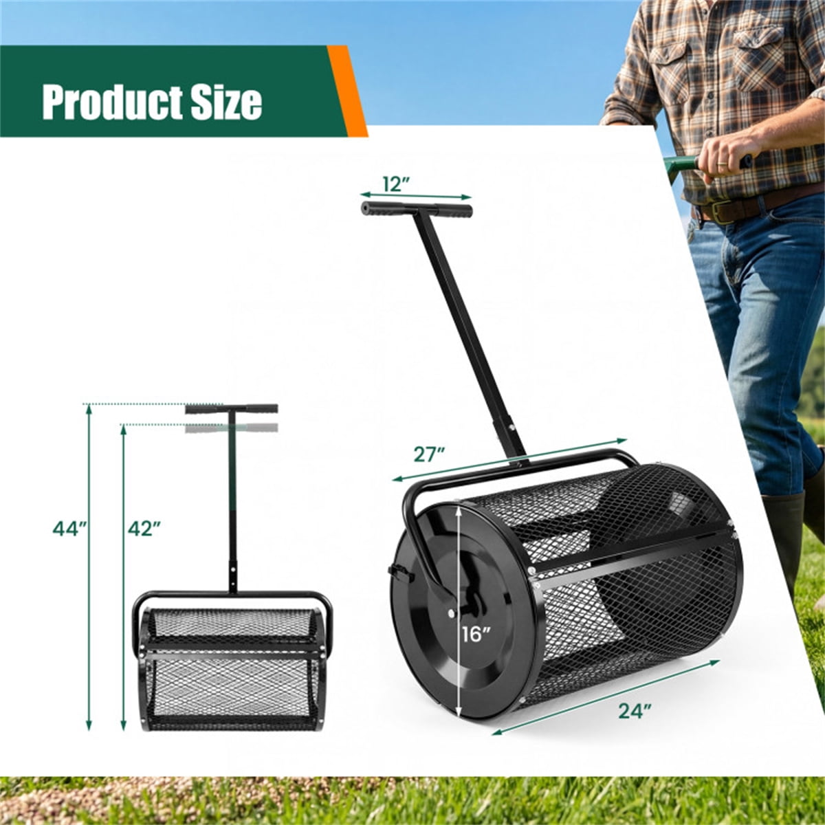 27"×16" Lawn Fertilizer Spreader with Diamond Mesh Clump-Free Garden Compost Spreader - Black
