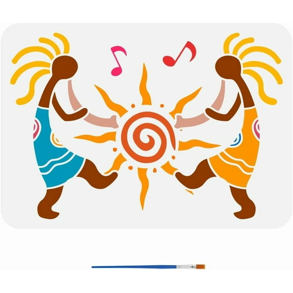 Kokopelli Stencils with Paint Brush 11.7x8.3Inch Notes Sun Pattern Dancing Kokopelli Decoration Tribal Themes Silhouette Template