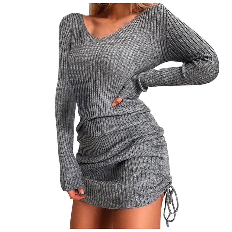 Autumn And Winter Women's V Neck Long Sleeves Slim Thin Dress Warm Sweater  Teen Dresses Casual Maxi Dresses Beach Summer Dress Short Fitted Maxi Dress  for Women Cute Summer Dresses Short Sleeves