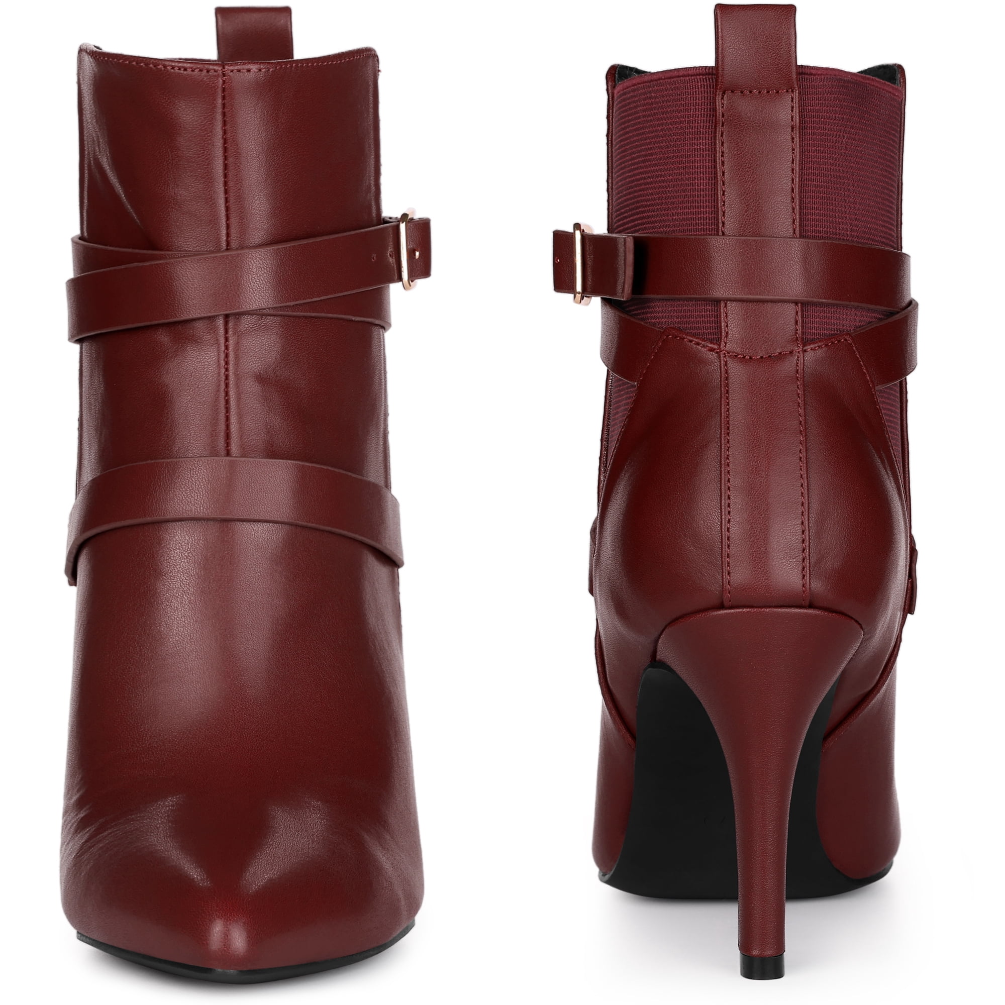 Unique Bargains Pointy Toe Elastic Cross Straps Stiletto Heel Ankle Boot for Women Burgundy 11