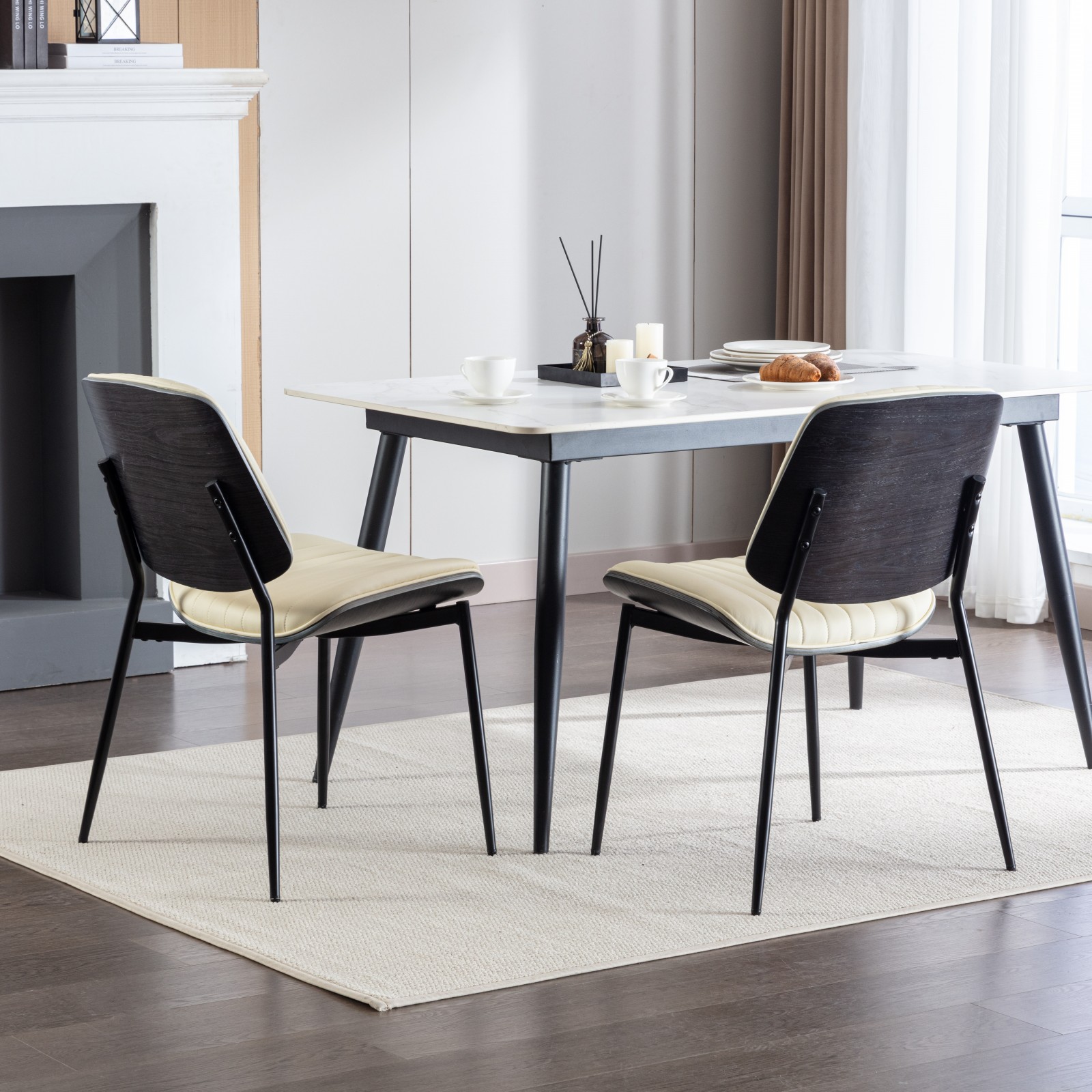 MAYEERTY Mid-Century Modern Dining Chairs - Faux Leather, Walnut Bentwood Back, Metal Legs, Adjustable Foot, Beige PU, Set of 2