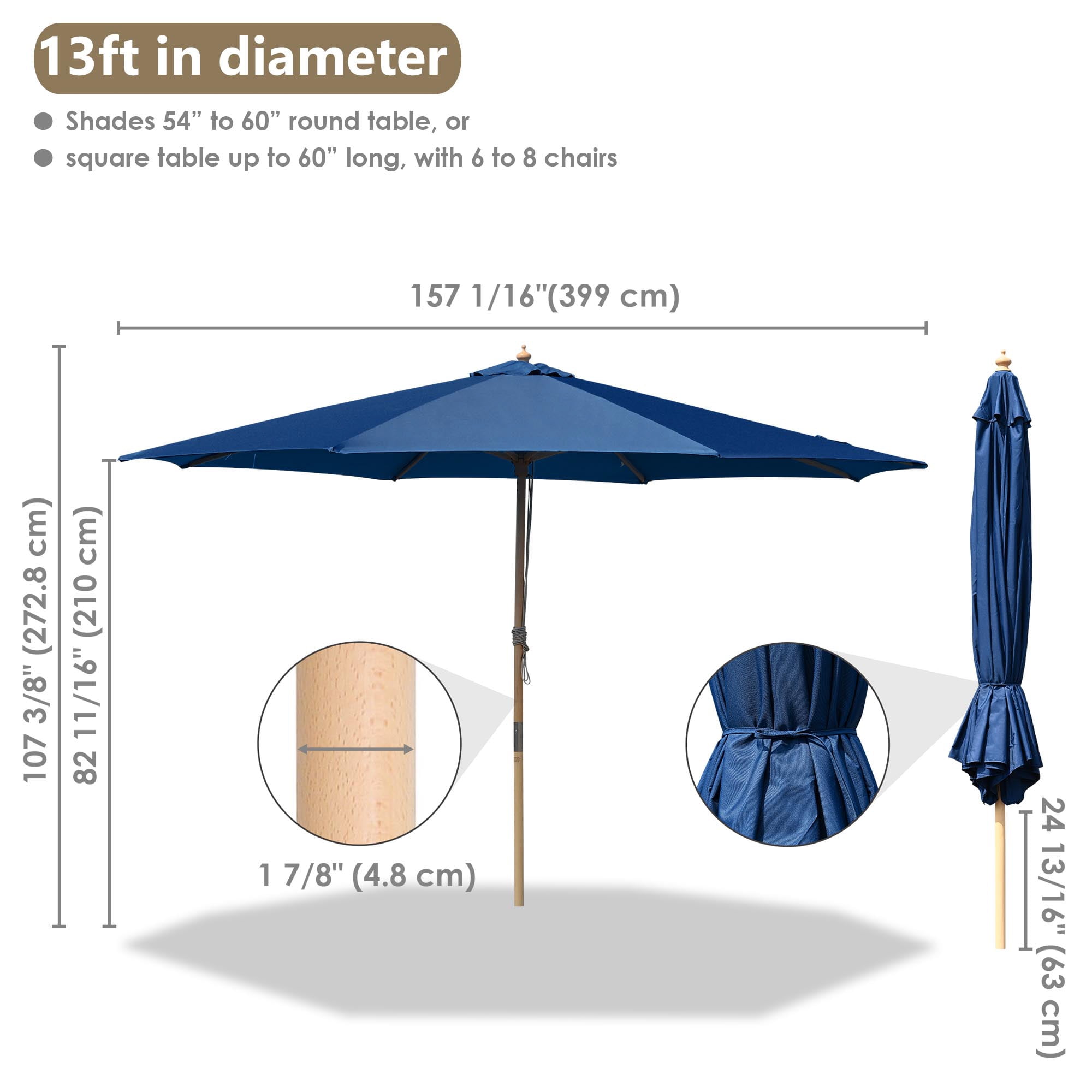 Yescom 13FT Large Outdoor Patio Umbrella UV30+ Wood 8 Rib Pole for Table Beach Yard Garden Wedding Deck Cafe Pool Navy