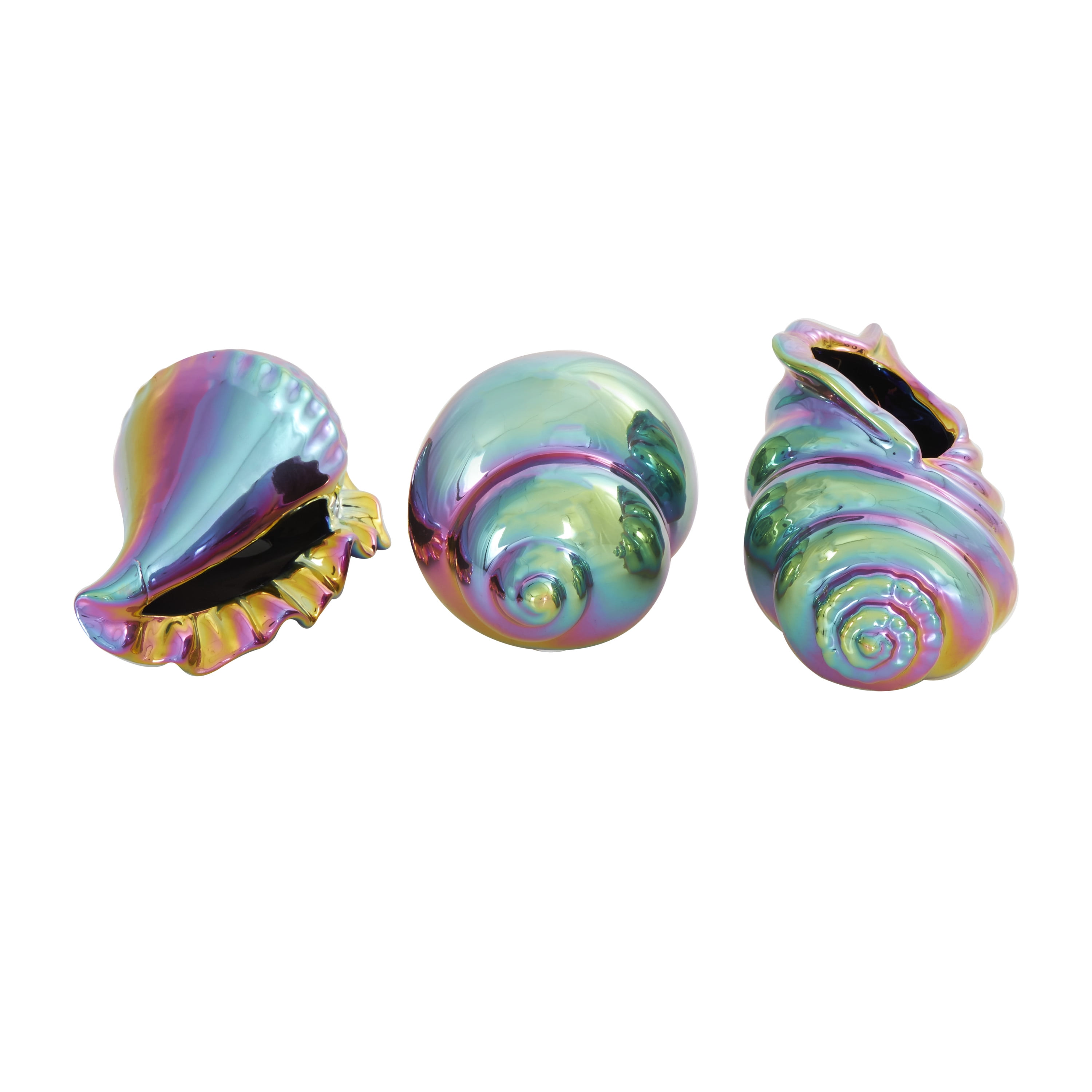 6", 6", 8"W Multi Colored Ceramic Shell Sculpture with Rainbow Shimmer Finish, by DecMode (3 Count)