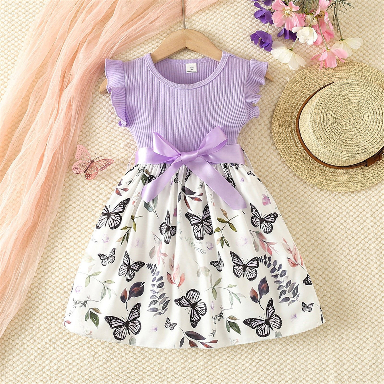 Kid Girl Butterfly Print Bowknot Design Ruched Short-sleeve Dress