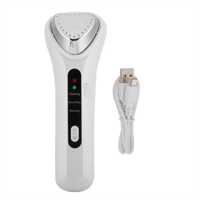 instrumento de limpieza facial eliminación de espinillas suero de vibración caliente instrumento de belleza de importación Dispositivo de mano blanco, vista frontal con cabezal triangular metálico calentado, panel vertical con LEDs y modos Cleansing, Nourishing y Warming, botones de encendido y modo, cable USB incluido; ABS+PC+aleación, 3.7 V, 10000 rpm, temperatura 42 ℃ ±3 ℃, peso aprox. 88 g. También suele usarse para aplicar y calentar sueros en áreas pequeñas del rostro.