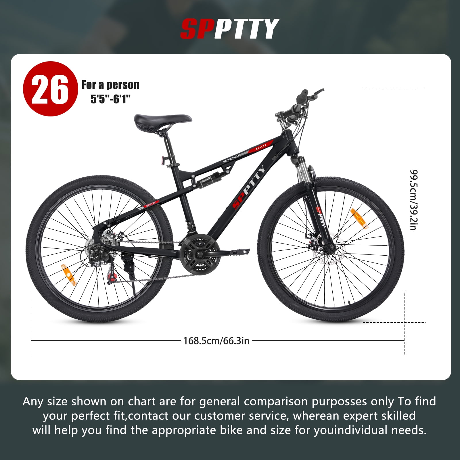 SPPTTY 26" Mountain Bike,Full-Suspension 21 Speed Drivetrain, Disc Brakes,Bicycle for Men Women Black