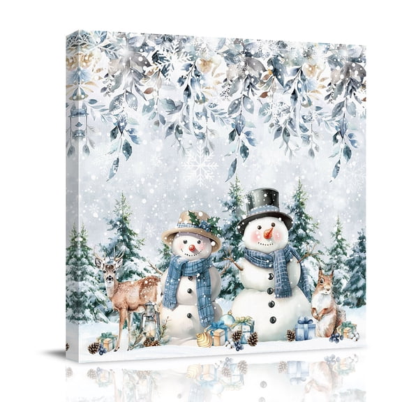 Canvas Wall Art, Christmas Snowman Framed Canvas Prints for Bedroom Office, Xmas Eucalyptus Botanical Trees Large Gallery Wrapped Wall Decor for Home Office, Gifts, 16"x16" Ship Next Day