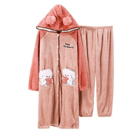 

DanceeMangoo FUNISHI Winter Pajamas Inspissate Coral Fleece Cartoon Nightdress Loose Version Hooded Women Sleepwear Plus Size Pajama Set