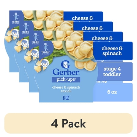 (4 pack) Gerber Mealtime for Toddler, Pick-Ups, Cheese & Spinach Ravioli, 6 oz Tray