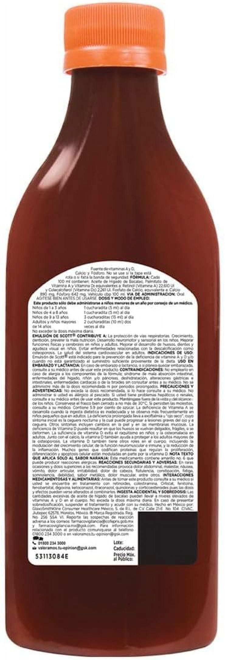 Scott Emulsion Orange Flavor - Family Size 369ml - Vitamin Supplement Rich in Cod Liver Oil, Vitamins a and D, Calcium and Phosphorus - Emulsion Scott Naranja (2 PACK)