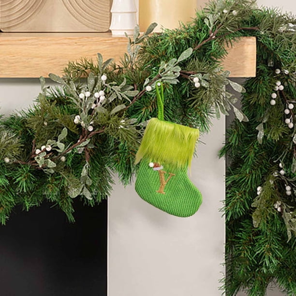 Adornos navideños, adornos navideños, regalos navideños, decoración navideña, calcetines navideños de punto con letras verdes, colgante para el hogar con nombre DIY, colgante de calcetines de tela tej