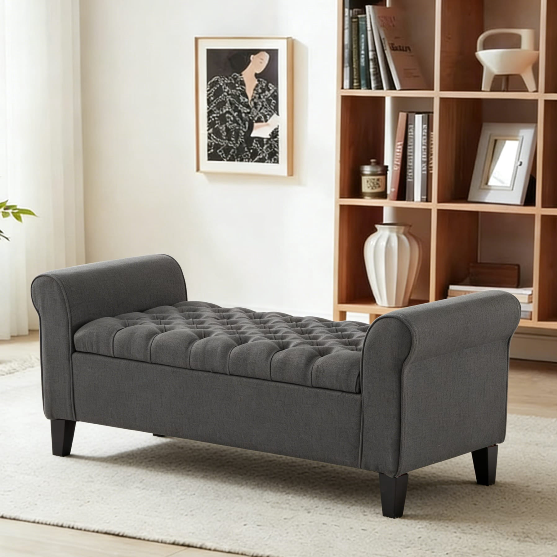 Gewnee 50" Solid Wood Flip Top Storage Bench, Linen Fabric, for Living Room & Bedroom, Dark Grey