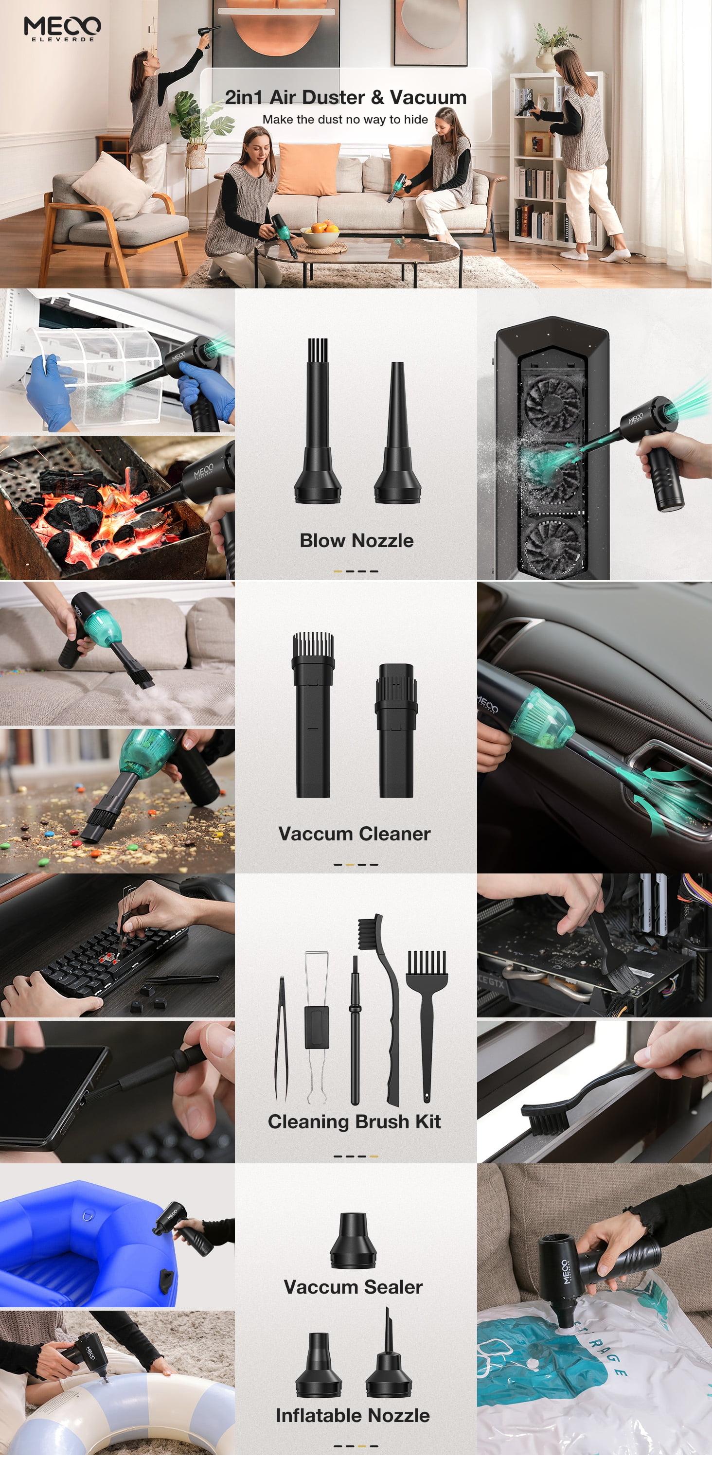 Meco Eleverde Compressed Air Duster, with Blow Nozzle, 6000 mAh