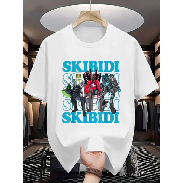 Camiseta para niño con estampado de dibujos animados - Diseño de robot de baño "Skibidi", algodón transpirable, manga corta, cuello redondo, ideal para juegos y salidas informales.
