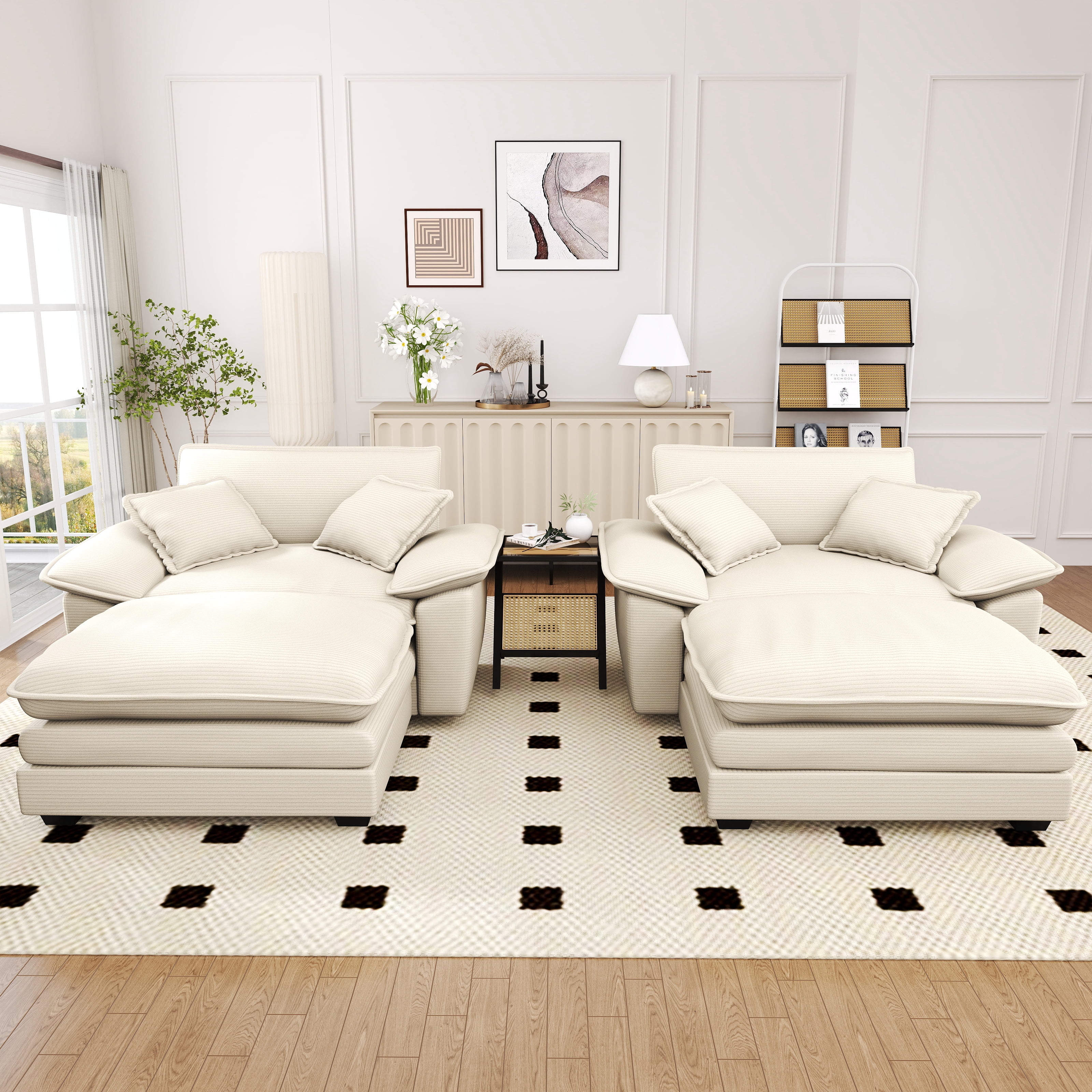 Lunale Oversized Lounge Chair & Ottoman Set - 48" Cloud Corduroy Accent Armchair for Modern Living/Bedroom, Beige Corduroy