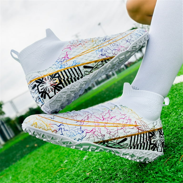 Soccer Shoes Kids Indoor Futsal TURF Youth Soccer Cleats Boys Spike TF High Top Football Boots For Outdoor Training White Gold Size US6.5 Walmart