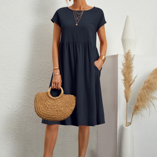 JUNWELL Coton Lin Femmes Robe d'Été Couleur Unie Col Rond Manches Courtes Genou Longueur Robe de Plage Décontractée en Vrac Robes de Vacances Minces