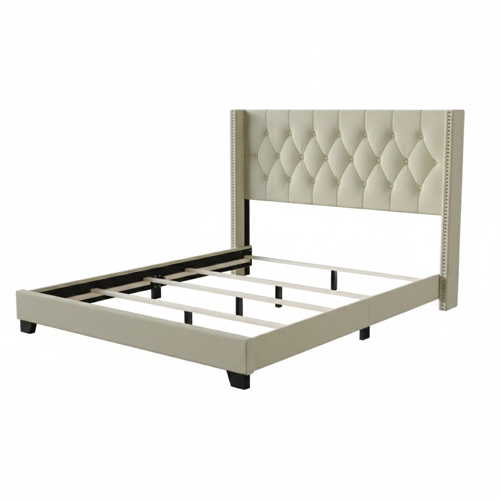 Home Design Brady Twin Tufted Wingback Upholstered Panel Bed Frame, Beige Polyester Blend