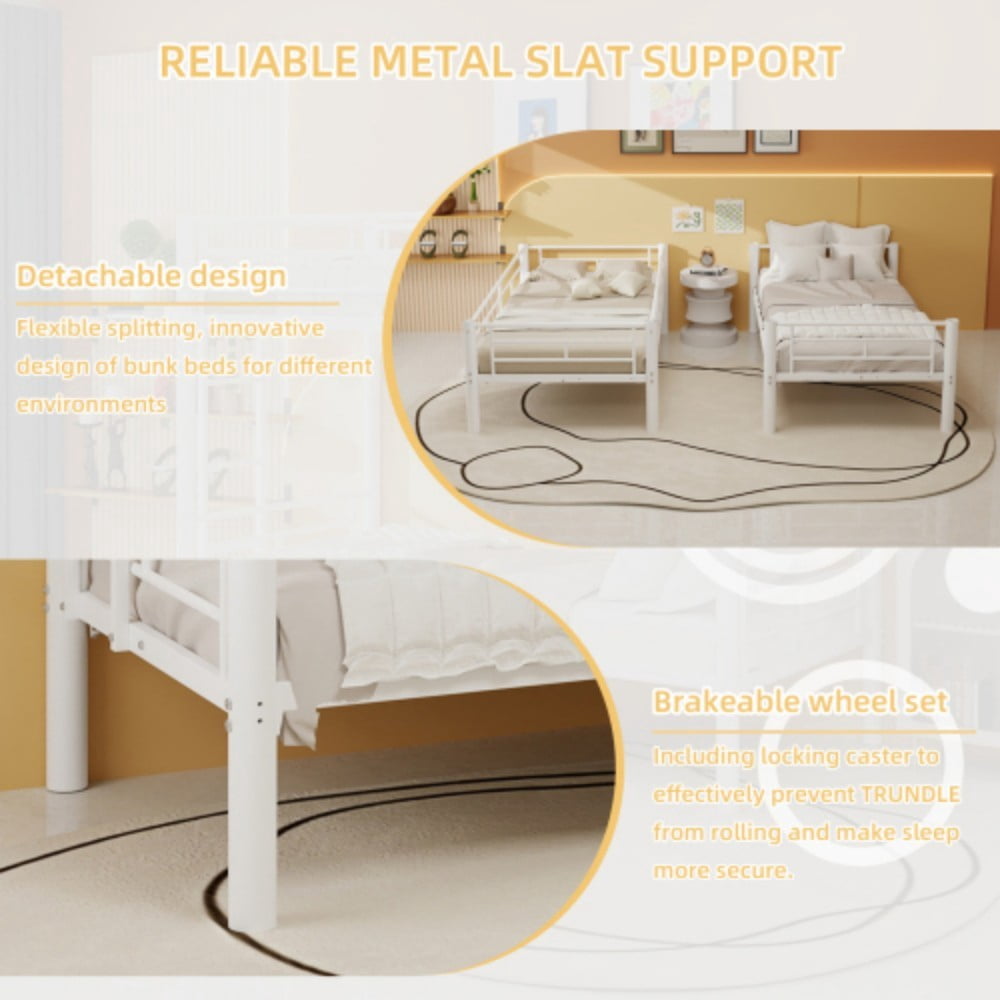 Twin Metal Bunk Bed, Convertible & Detachable into 2 Twin Beds, Heavy-Duty Iron Frame, 400 lbs Capacity, Guardrails & Ladder, White