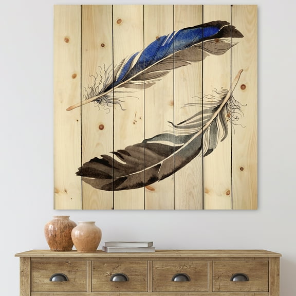Designart 'Colourful Boho Art Feathers III' Bohemian & Eclectic Print on Natural Pine Wood