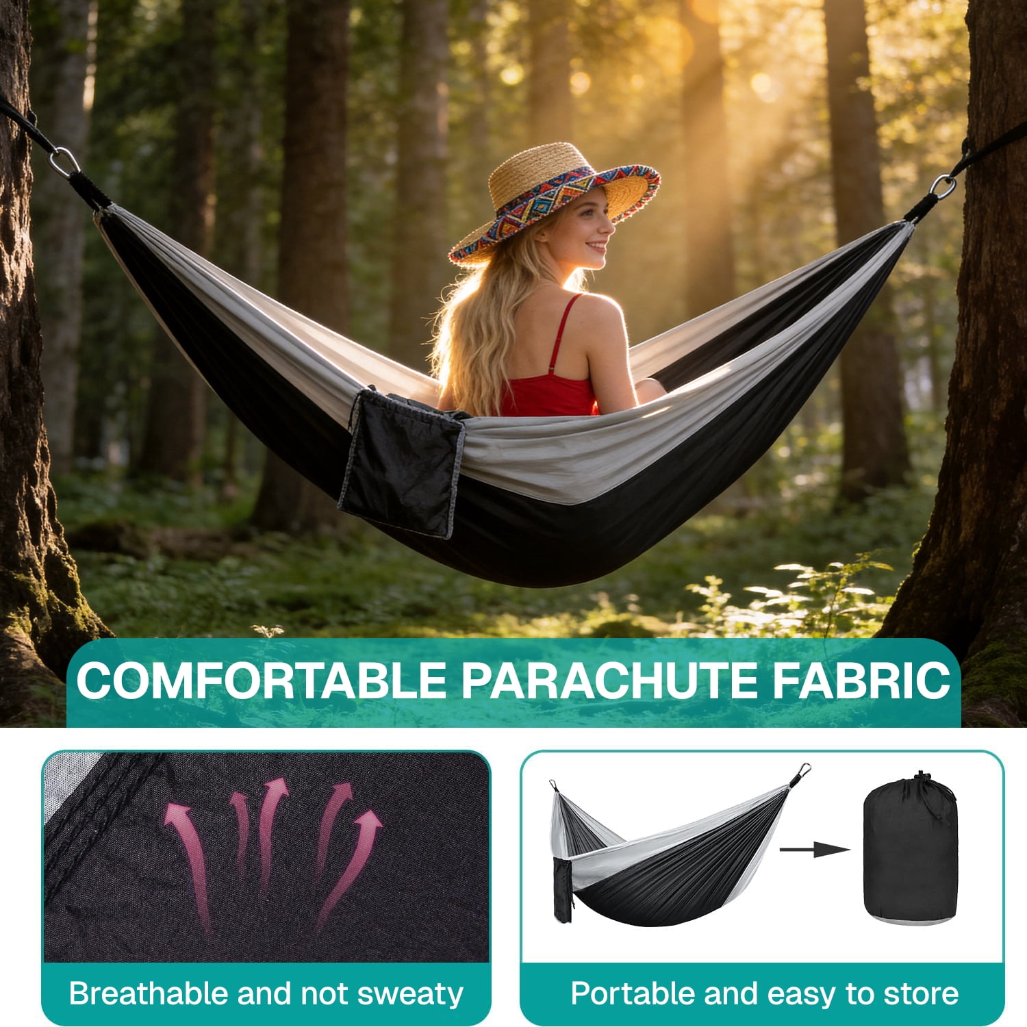 BN-LINK Camping Hammock, Portable Lightweight Hammocks with Mosquito Net, Outdoor Hammocks for Backpacking,Beach,Backyard,Patio,Hiking,440 lb Capacity,Gray Black