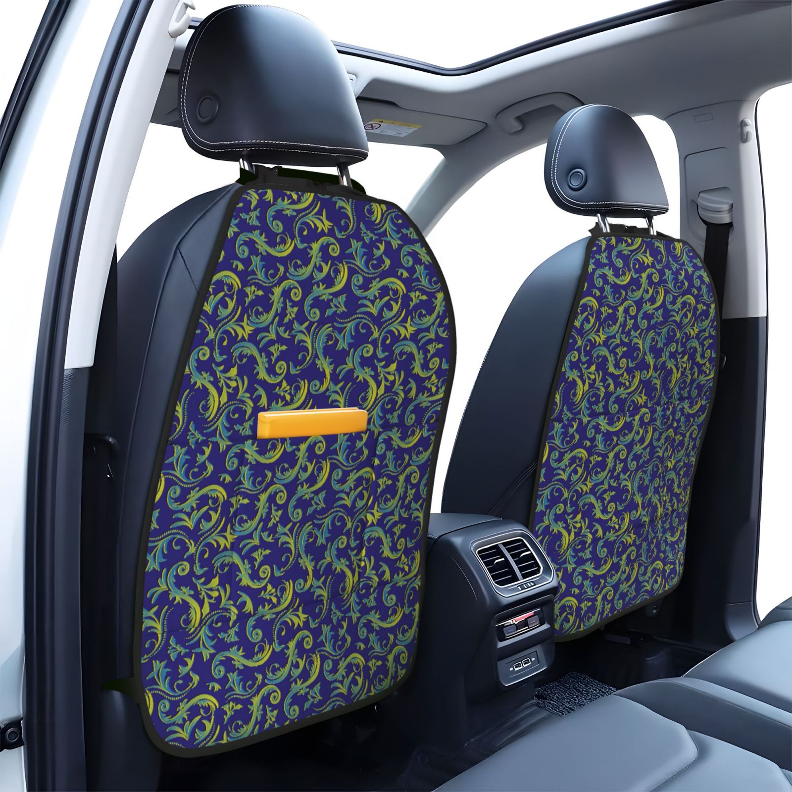 Kdxio Uncaria Flower Print 2 Pack Car Kick Mat Seat Cover Back Protector Mat with Pockets for Organizer Backseat Protector and Storage Anti Kick Pad for Vehicles