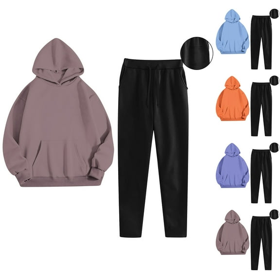 Brondbend Matching Sweat Sets for Women Women's Hoodies Long Sleeved Pocket Pullover Solid Stretchy Waist Jogger Outfits Comfortable Loose Tracksuits Athletic Fall Winter Sets Dark Blue