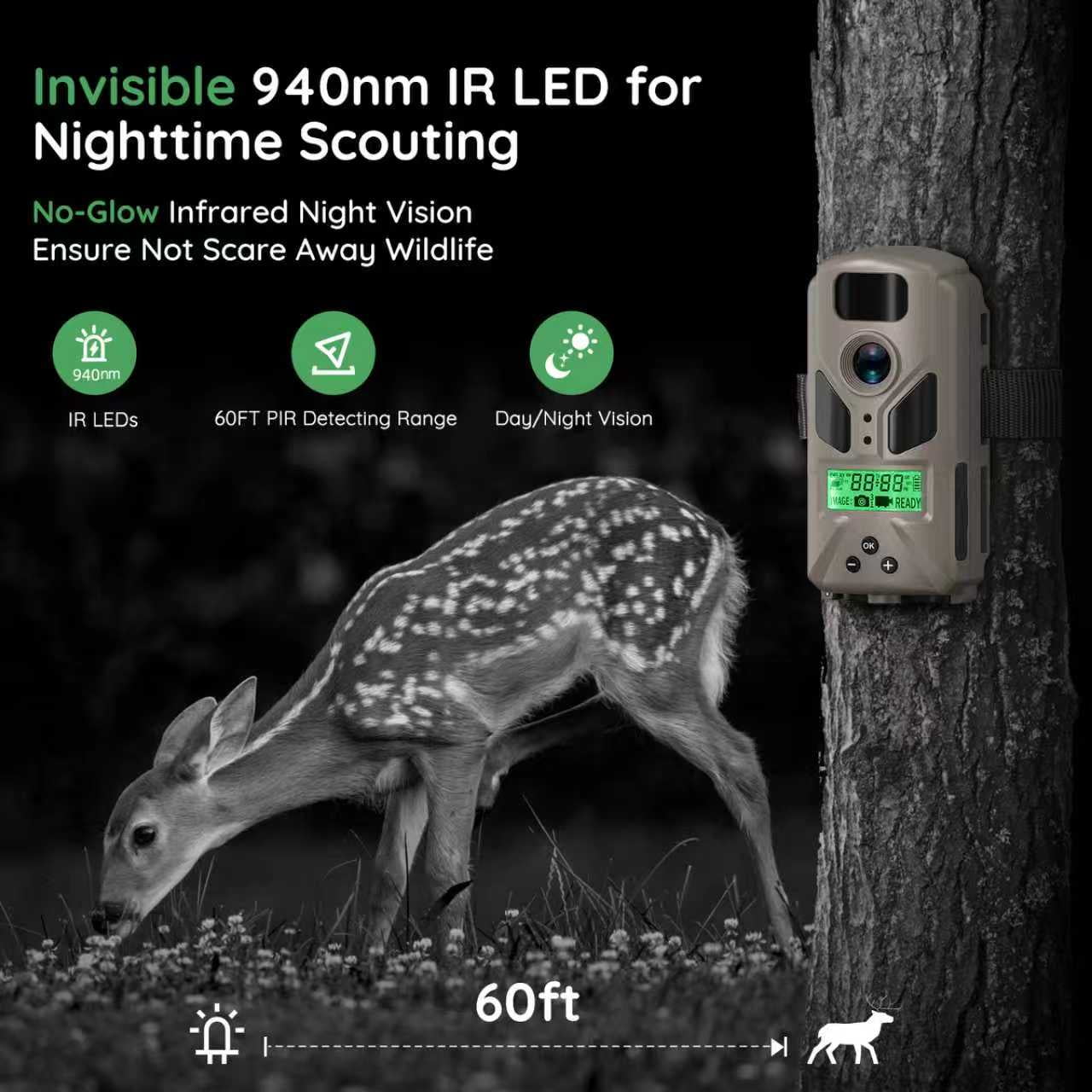 20MP Mini Trail Camera 1080P Hunting Trail Camera with No Glow 940nm Night Vision Motion Activated IP66 Waterproof,80ft Illumination Range Hunting Game Cam for Wildlife Monitoring- Grey