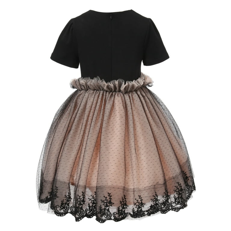Girls Pink Black Bow Accent Embroidered Mesh Dress 9/10 - Walmart.com