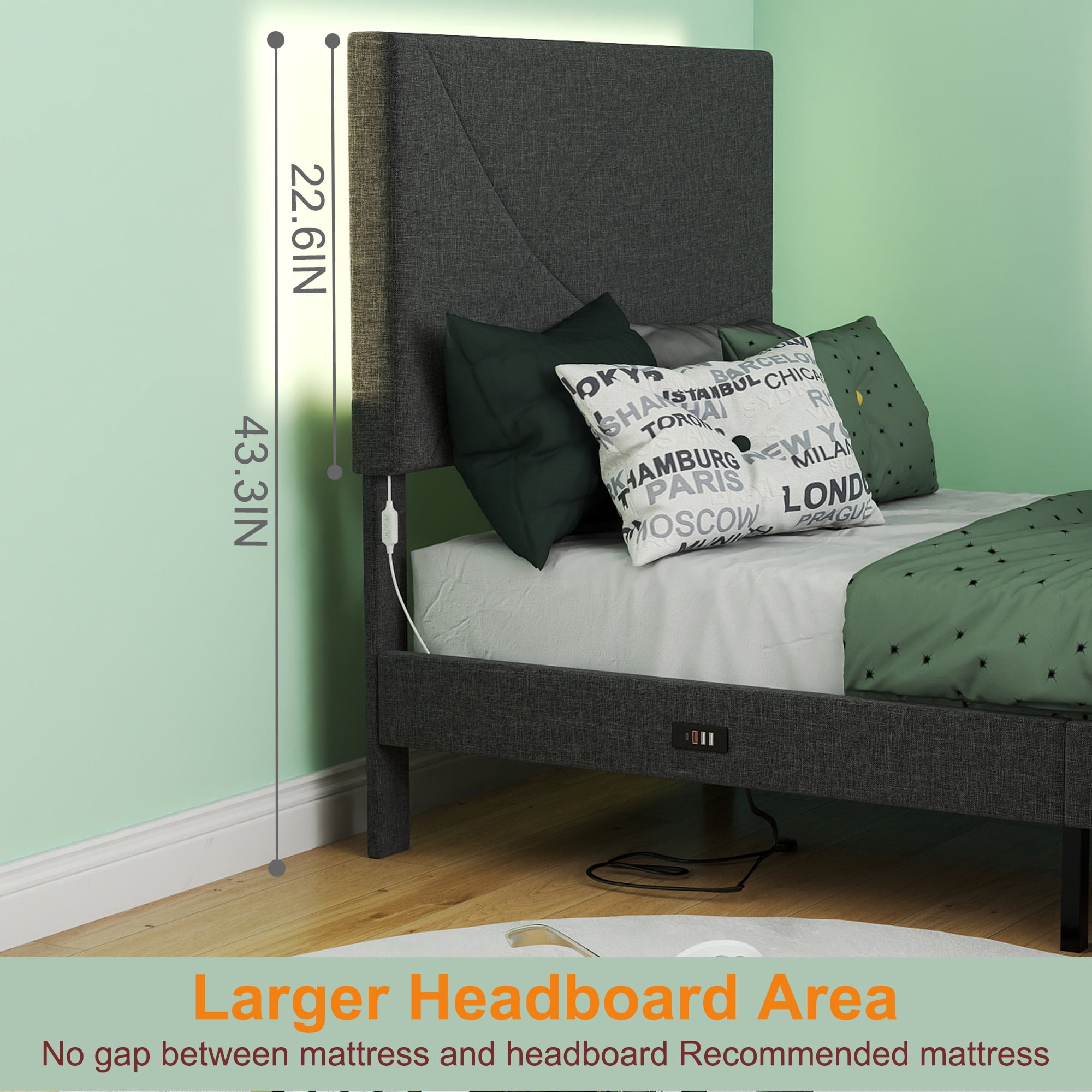 Lit simple rembourré Homy Casa avec bande lumineuse DEL et ports de charge pour chambre d'enfant ou d'adolescent, gris