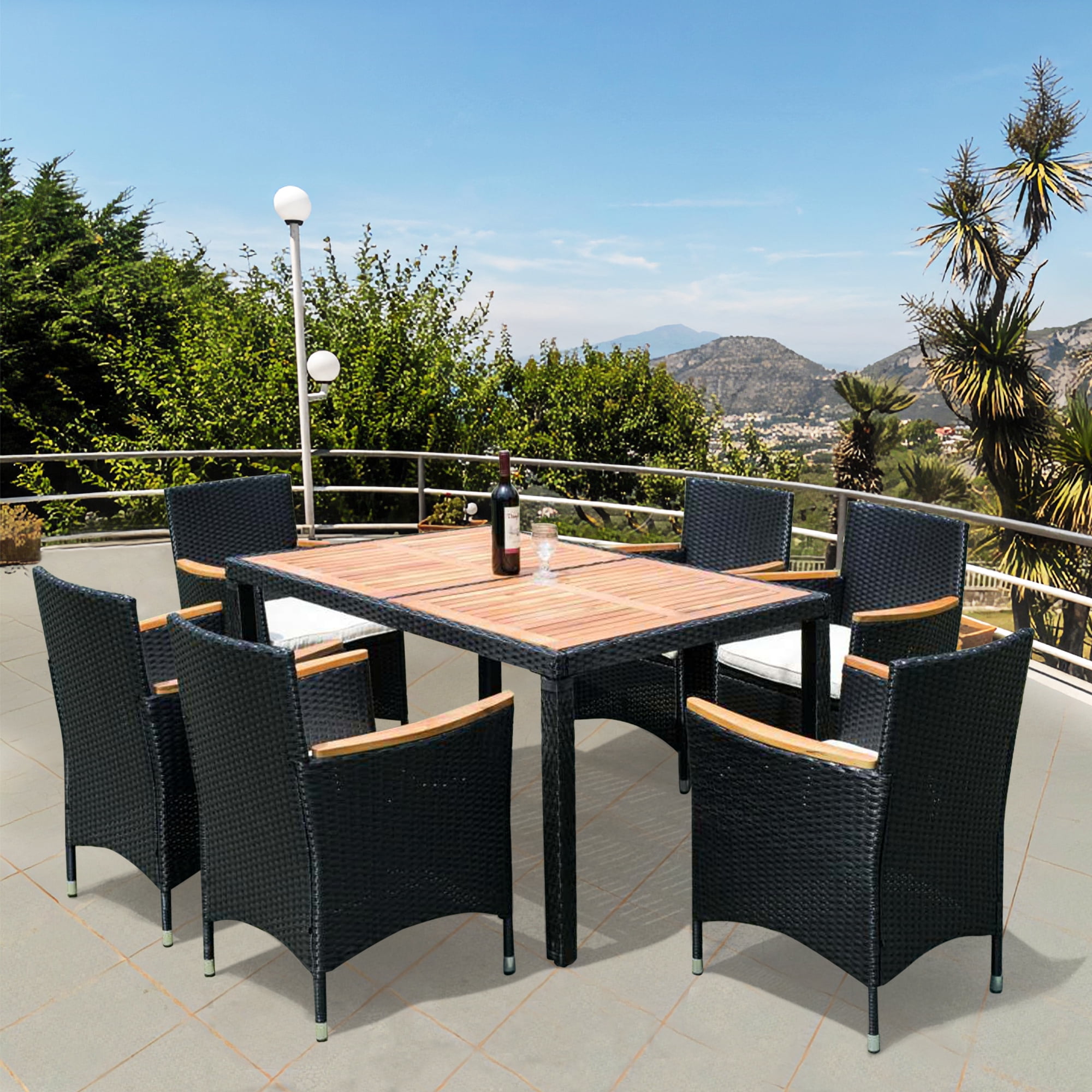 7 Piece Outdoor Patio Dining Set,Outdoor Wicker Furniture Set with Brown Rattan Dining Table and Chairs with Cushions,Black Wicker + Creme Cushion