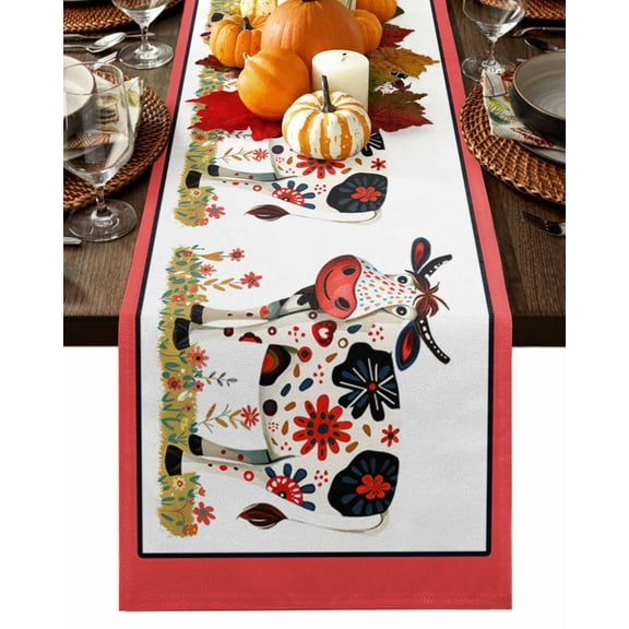 Farmhouse Cow Table Runner-Cotton Linen- 90 Inch Holiday Dresser Scarves, Farm Autumn Floral Leaves Watercolor Tablerunner for Kitchen Coffee/Dining Bedroom Home Living Room Dinner Scarf Décor 13x90