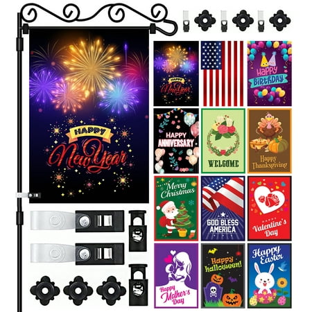 Garden Flag Set Seasonal Yard Flag | Pack of 12, Burlap Fabric| Happy Birthday Thanksgiving Halloween New Year Merry Christmas Easter Valentine's Day July 4th Mother's Day Welcome Garden Flag