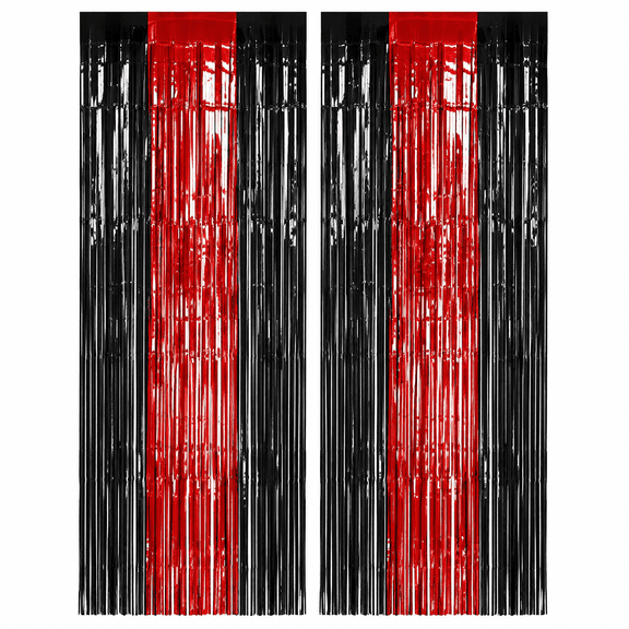 2 Pack Red and Black Foil Fringe Curtain Backdrop, 3.3 x 6.6 ft Metallic Tinsel Streamers for Birthday, Wedding and Graduation Party Decor