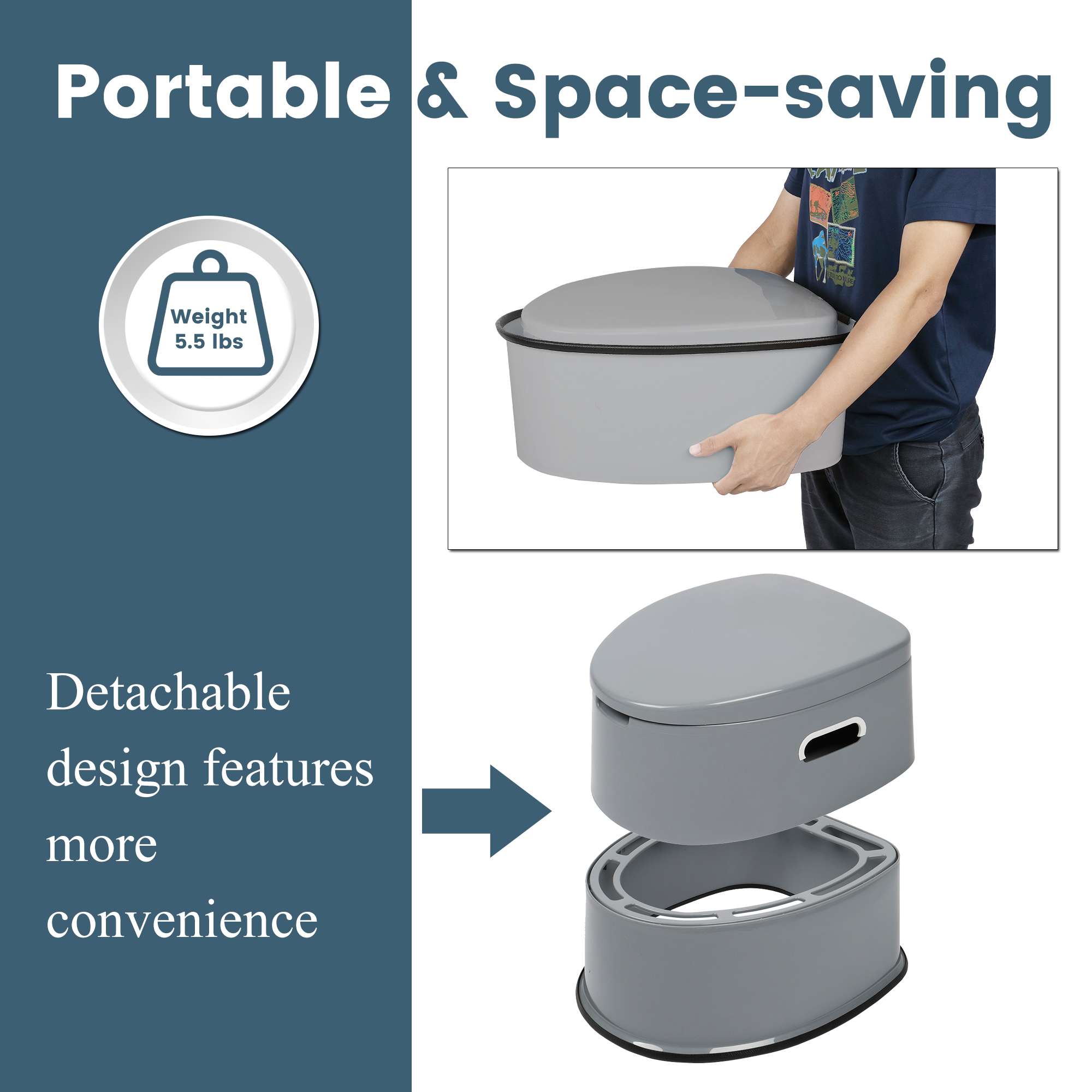 Portable Camping Toilet, ASJ Portable Toilet Seat with Detachable Inner Bucket, Indoor & Outdoor Travel Toilet for RV/Camping/Boating, Portable Toilet with Non-slip Mat, Gray - image 5 of 7