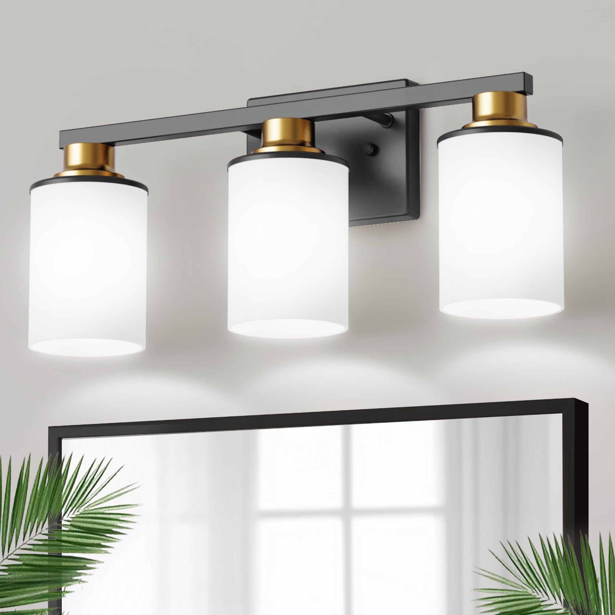 YANSUN 19.7" 3-Light Vanity Light, Black Gold Modern Bathroom Mirror Light with Frosted Glass Shades for Bathroom, Hallway